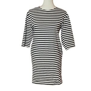 Uniqlo Black Cream Striped Cotton 3/4 Sleeve Crewneck Knee Length Dress - Size S